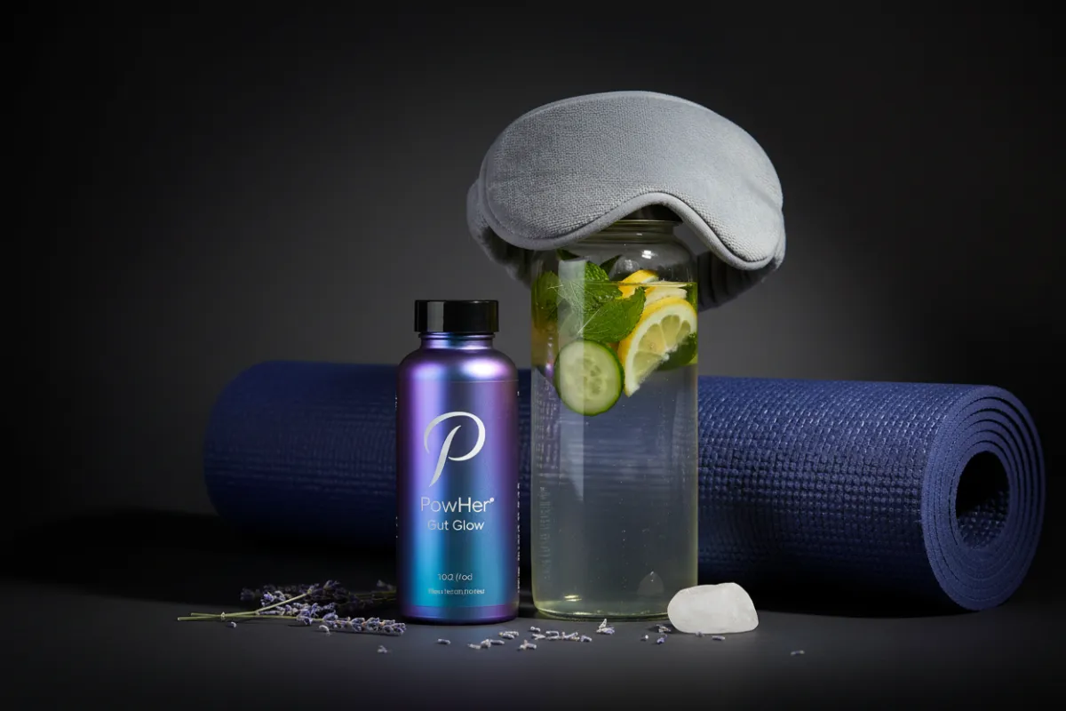 Woman radiating confidence alongside PowHer Gut Glow supplement bottle