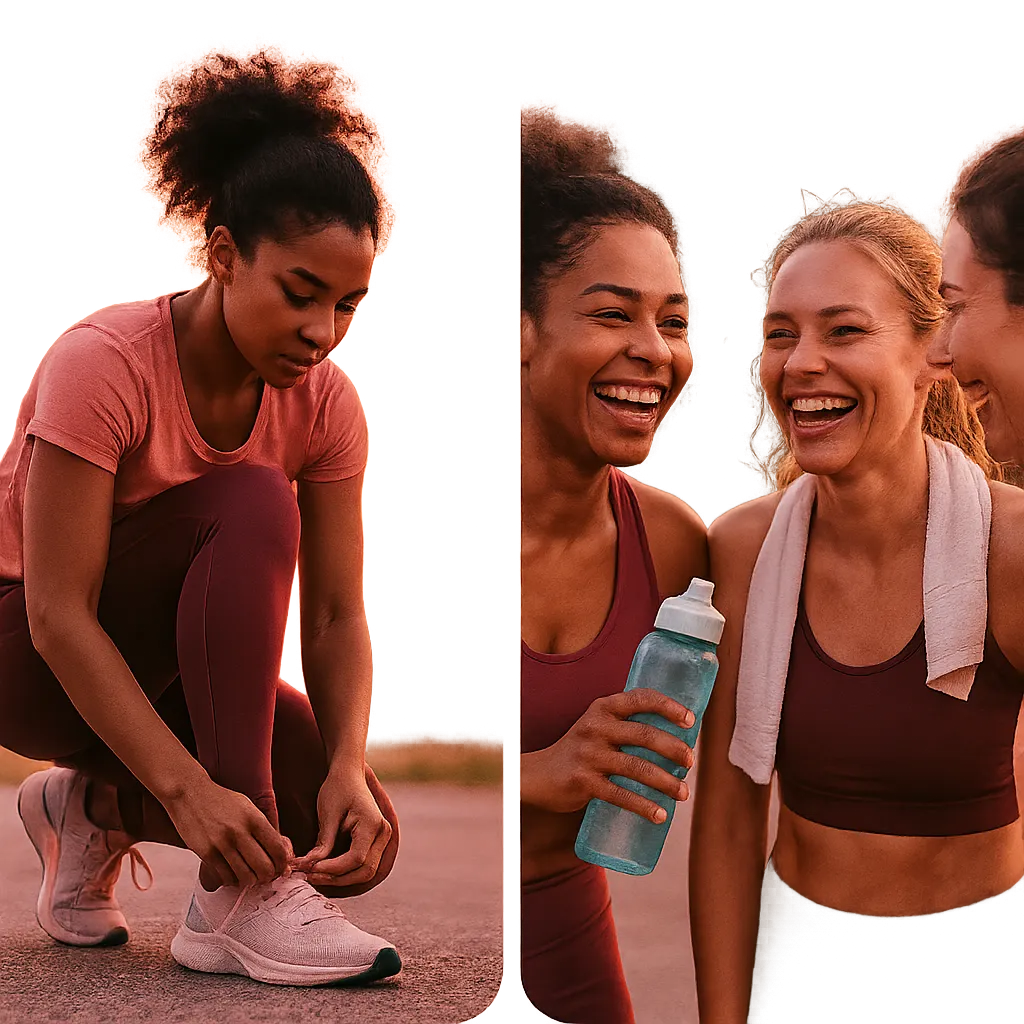 A composite 2-panel lifestyle narrative showing active women demonstrating strength and vitality