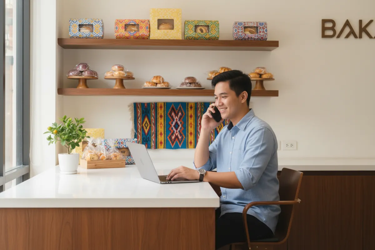 A 3:2 image of a young Filipino man in a modern bakery office, smiling as he answers a phone call while typing on a laptop. The workspace features colorful Filipino decor and a display of pastries, conveying approachability and professionalism.