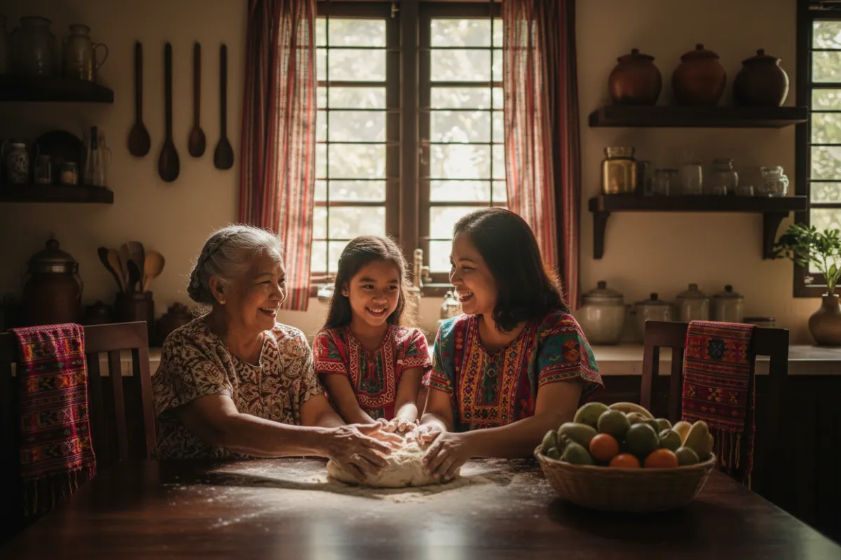 A 3:2 image showing a family of three generations—grandmother, mother, and daughter—gathered around a kitchen table, kneading dough and laughing together. The kitchen is decorated with Filipino textiles and heirloom utensils, highlighting a sense of heritage and togetherness.