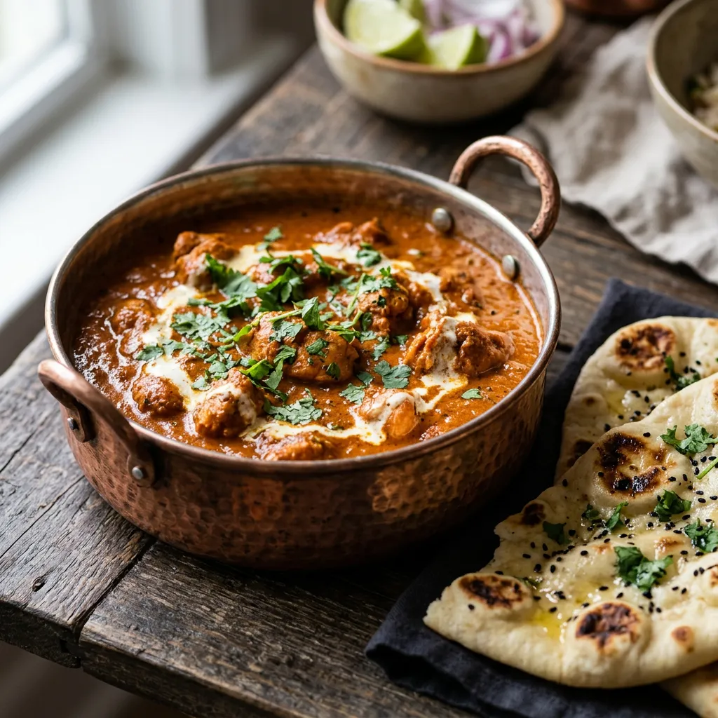 Close-up of a rich, creamy Indian curry served in a hammered copper bowl, garnished with fresh herbs, alongside pieces of naan bread