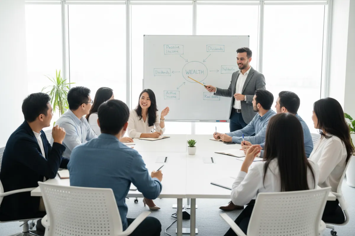 A diverse group of adults, including men and women of various nationalities, participating in a stock market coaching session. A coach points to a whiteboard showing multiple income streams, fostering teamwork and leadership.