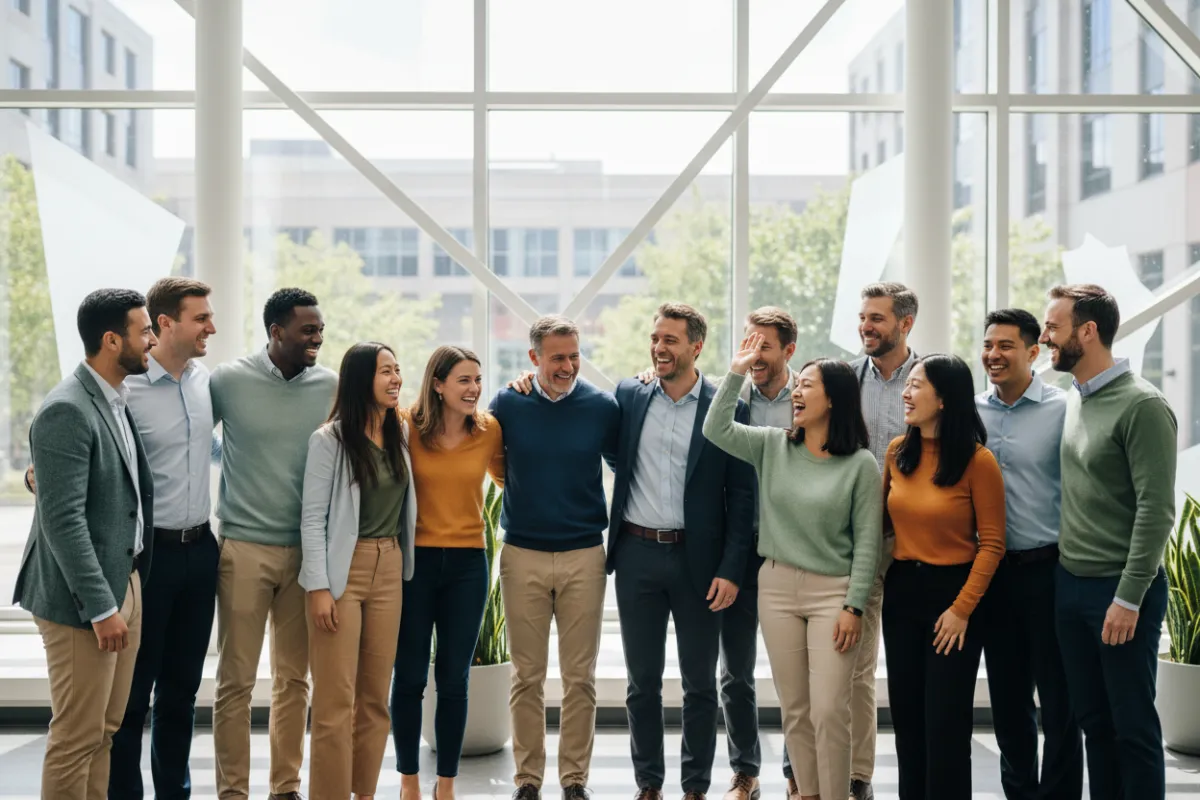 A joyful, multicultural group of men and women of various ages, standing together and smiling, representing unity and diversity in a financial learning community.