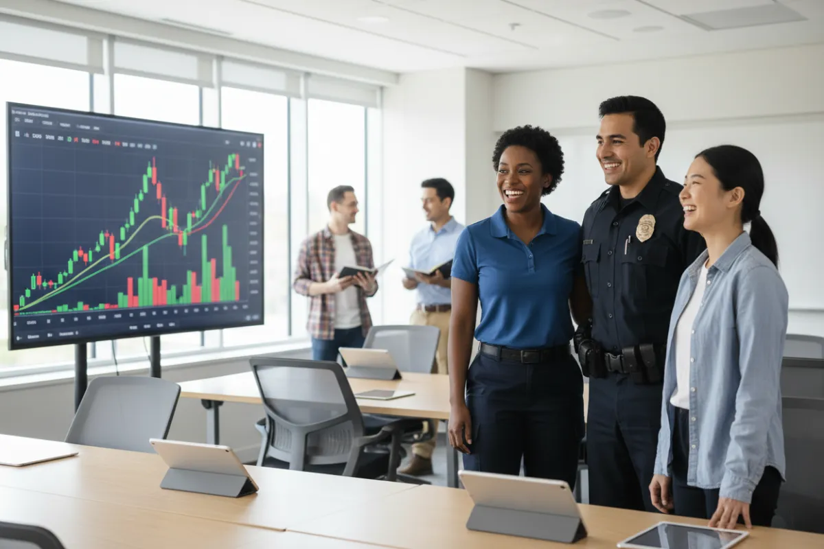 A diverse group of public safety professionals—firefighter, police officer, and EMS worker—gathered around a large digital S&P 500 stock chart, smiling and learning together in a bright, modern classroom.