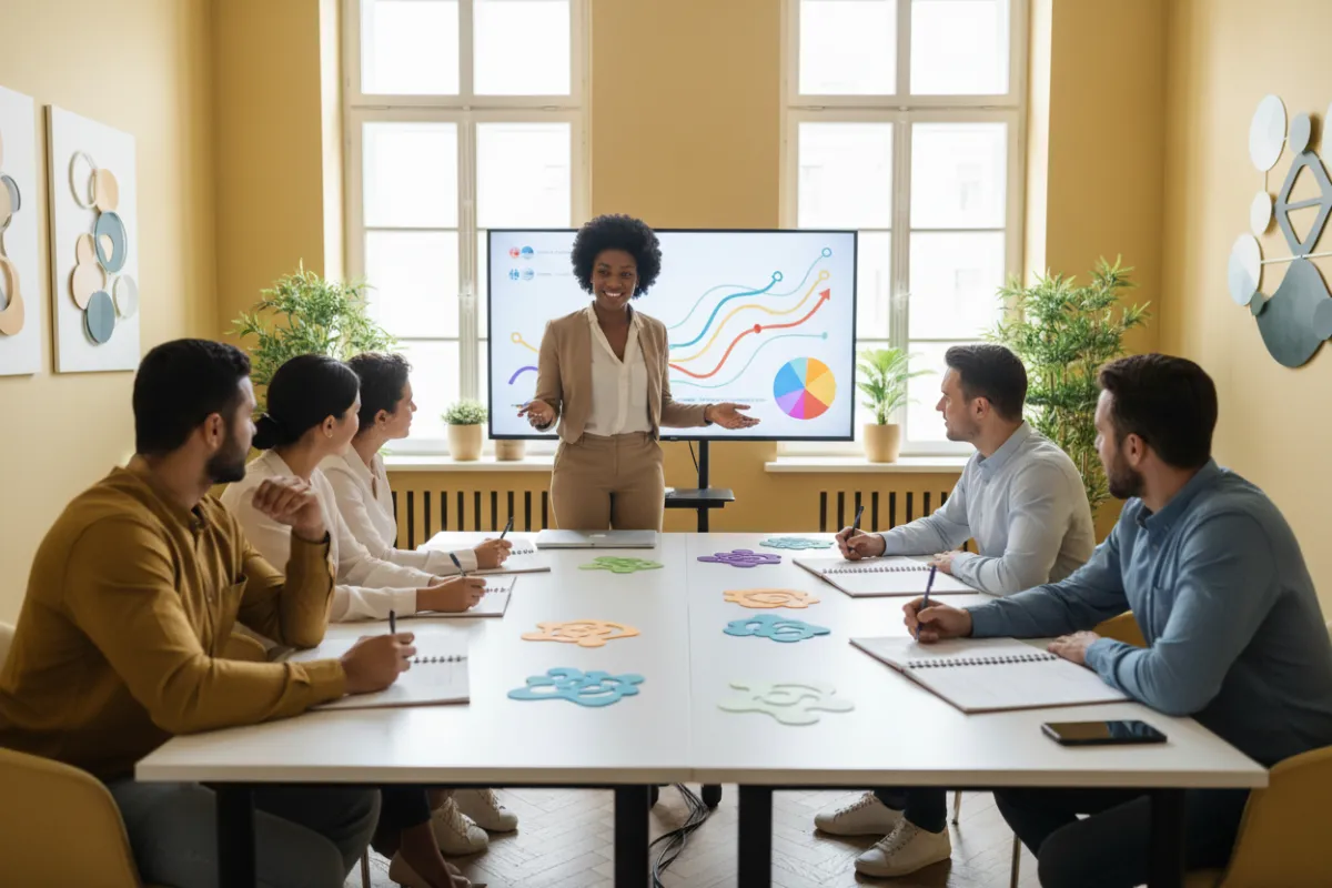 African American woman leading a small group in a financial mindset coaching session, with charts and goal-setting worksheets visible, in a bright, inclusive training room.
