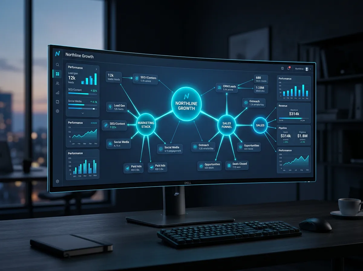 Unified Growth Architecture Dashboard displaying interconnected marketing and sales nodes