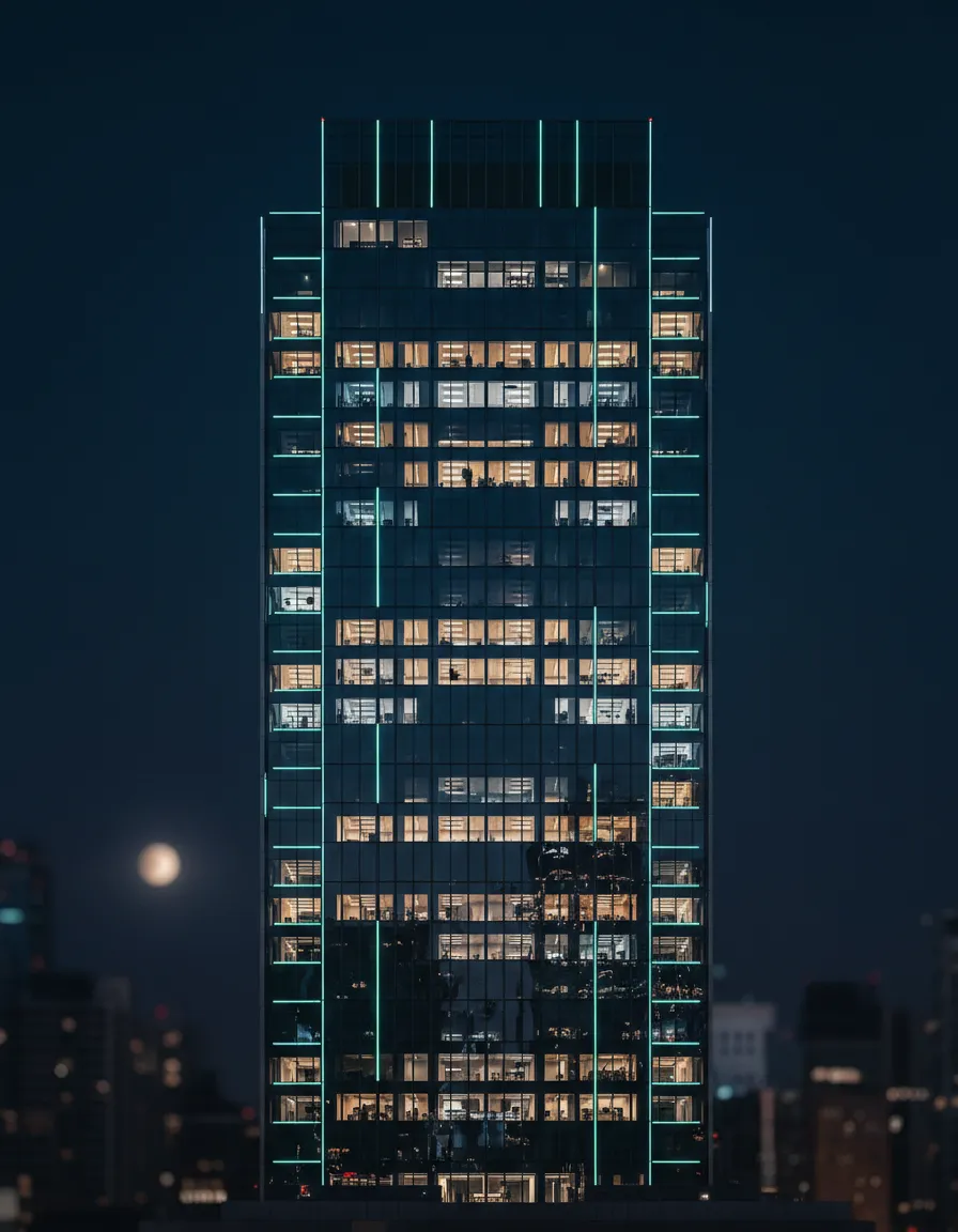 Modern glass financial office building at night
