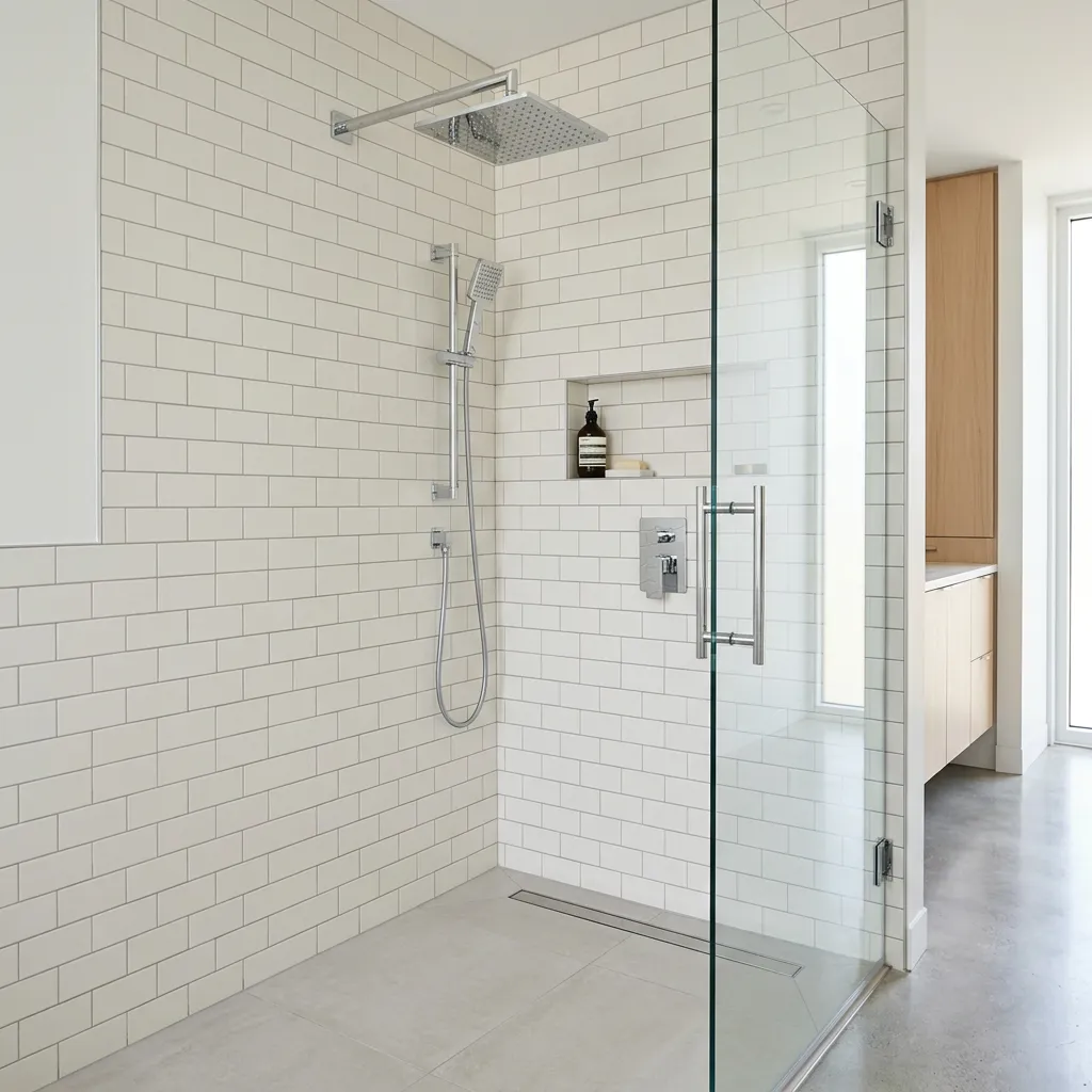 Modern walk-in glass shower installation with designer tile walls