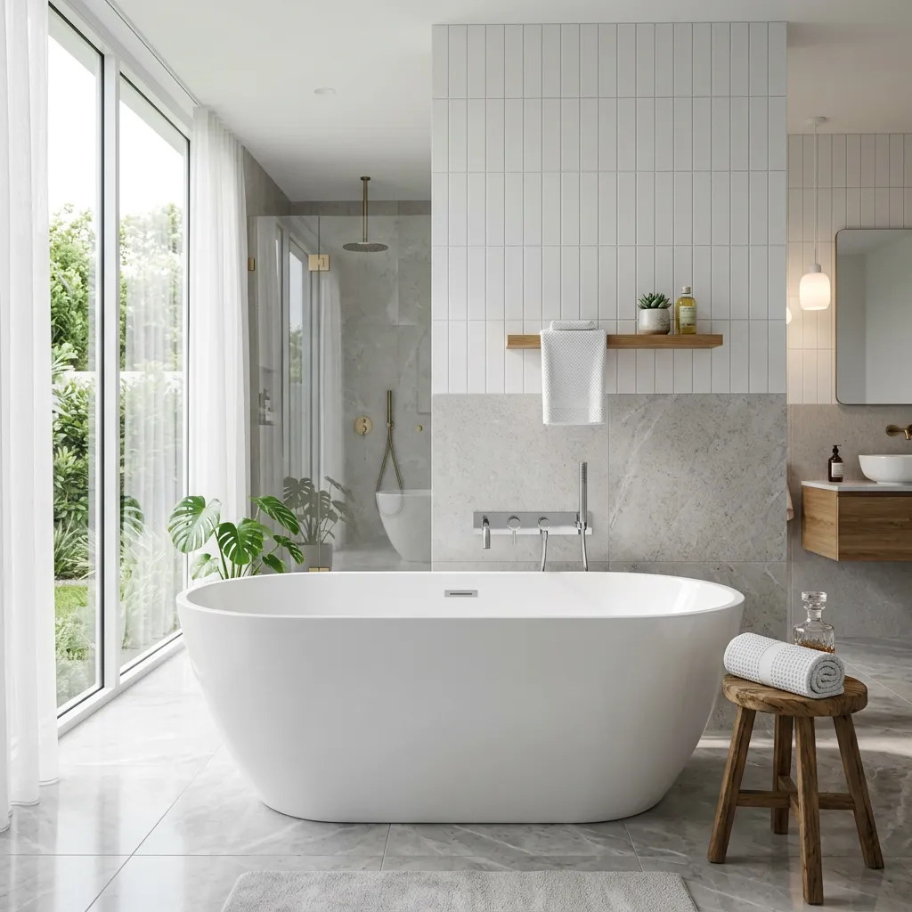 Deep freestanding acrylic soaking bathtub with polished bronze fixtures
