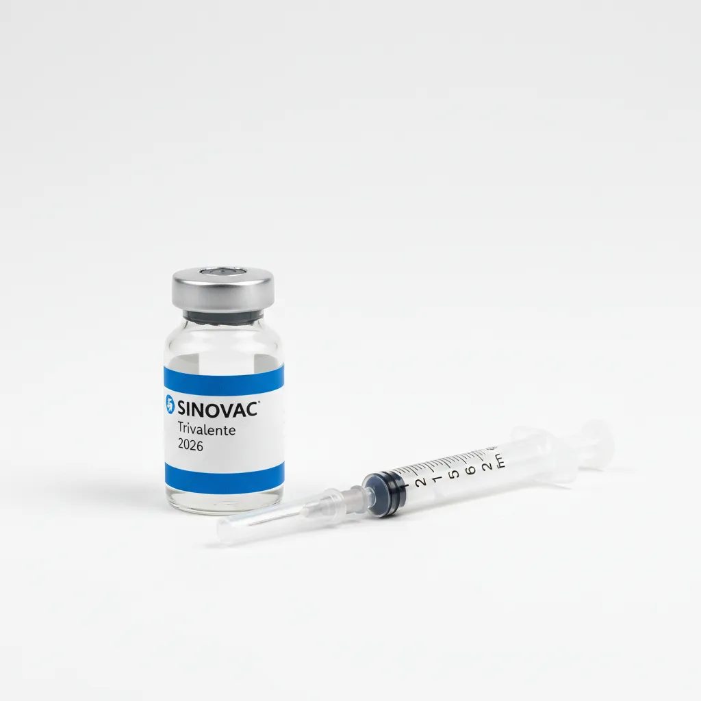 Frasco de vacuna Sinovac trivalente 2026 sobre fondo blanco, etiqueta visible, jeringa nueva al costado, luz suave, estilo fotográfico clínico