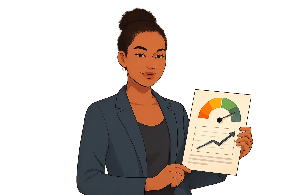 A confident young woman of mixed ethnicity stands in front of a stylized, abstract city skyline, holding a credit report with a rising score graph. The background is a smooth gradient, and she is isolated with no props, exuding optimism and empowerment.