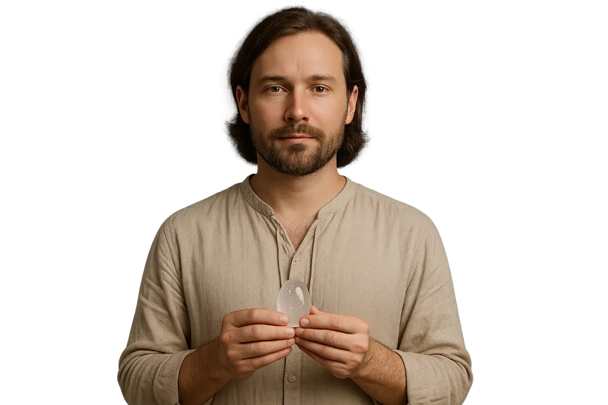 星潮靈療療癒師手持水晶的半身肖像