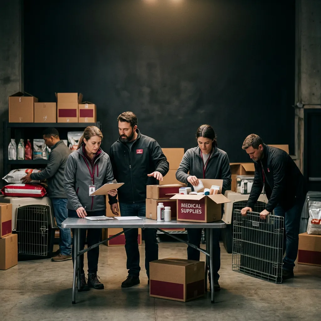 Collaborative rescue team members coordinating logistics in a modern shelter setting