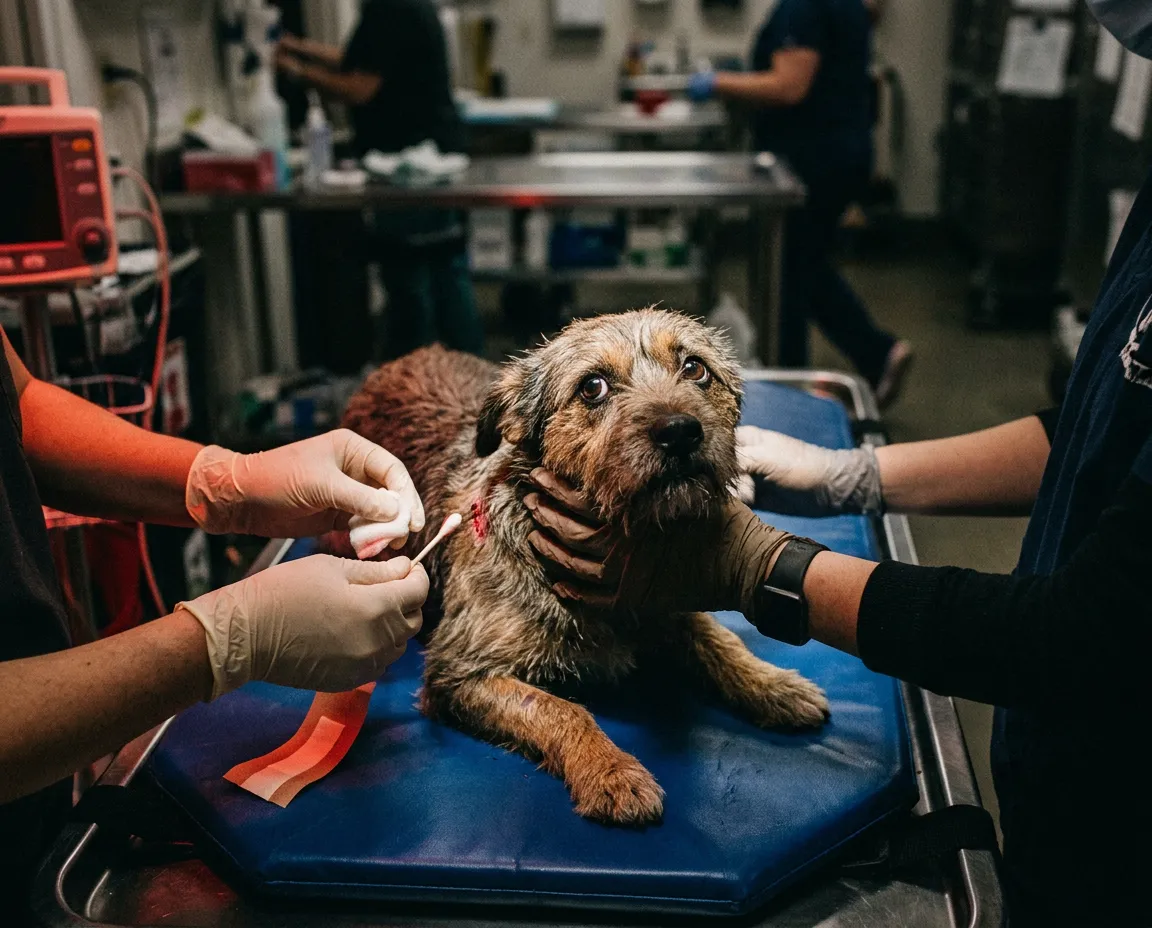 High contrast emotional photography of an injured rescue animal receiving immediate medical care