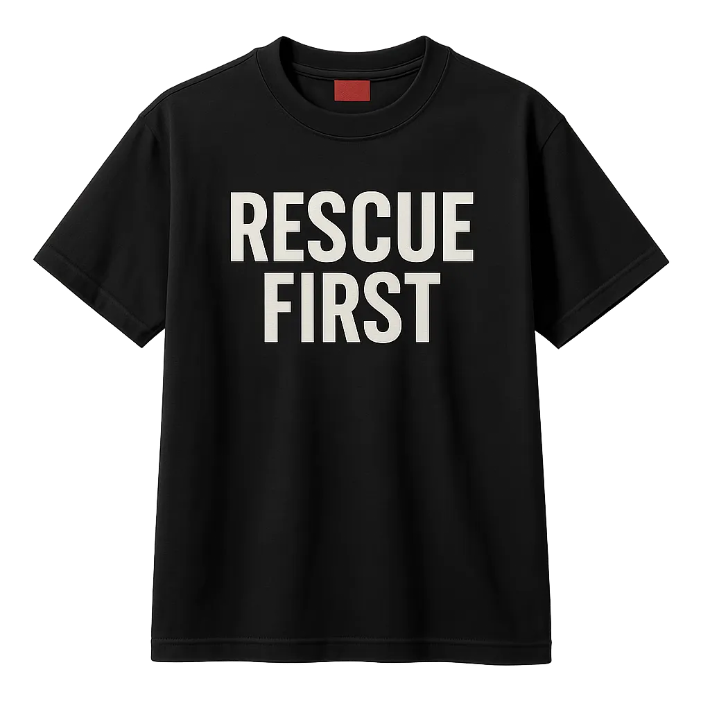 Activist merchandise high contrast studio mockup of the black RESCUE FIRST statement heavyweight tee