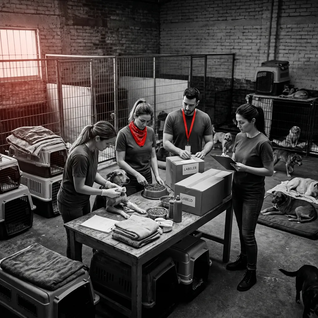 Collaborative team and partners working together in an animal rescue center facility