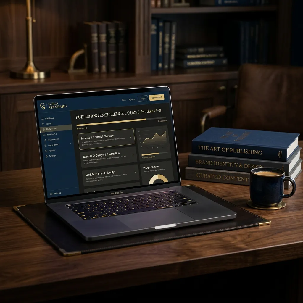 Sleek modern laptop open to a comprehensive book publishing masterclass interface, surrounded by coffee and authoritative literature