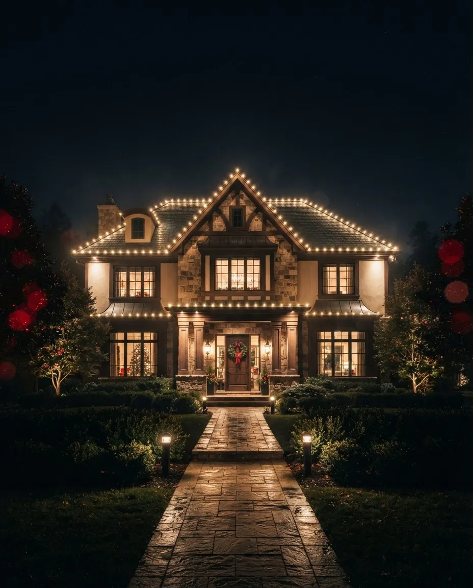 Upscale residential home exterior illuminated with warm architectural Christmas holiday roofline and gutter lighting