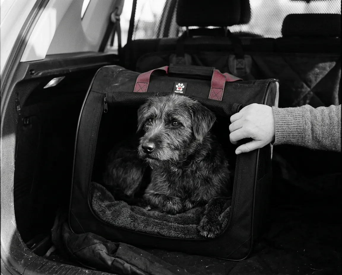 Stark monochrome portrait of a rescue dog safe in a dedicated foster network vehicle