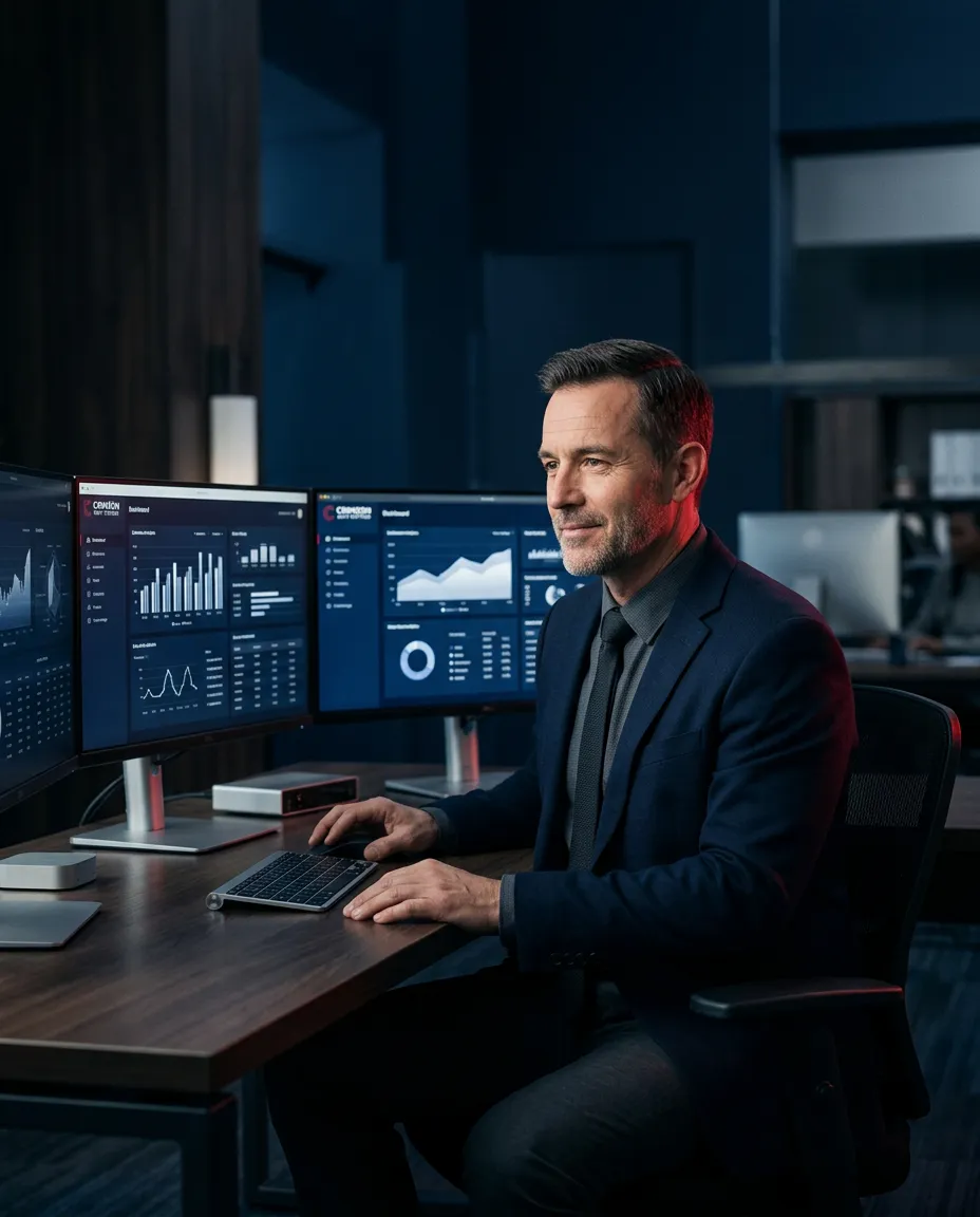 Mike Fallat operating high-volume GoHighLevel agency systems in an executive workstation environment