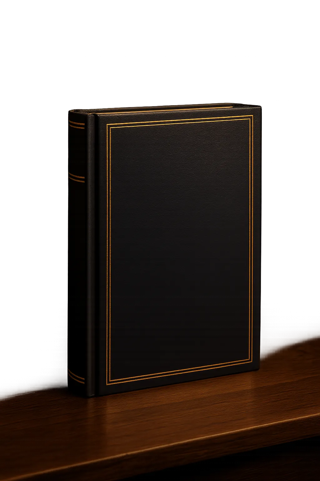 3D navy and gold hardcover book mockup for SI Book Coach resting on a dark walnut desk