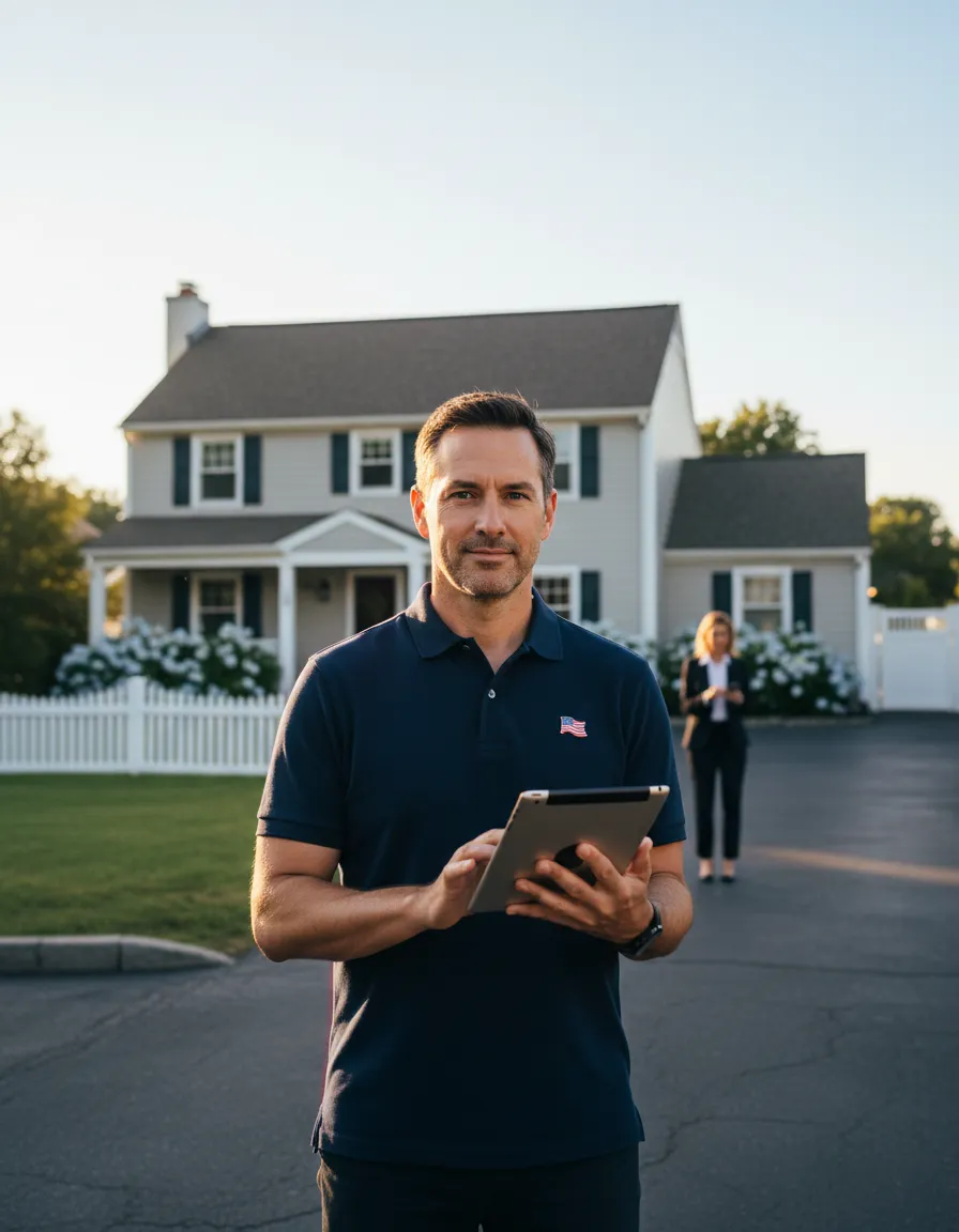 Professional real estate investors reviewing a property opportunity outside an American residential home