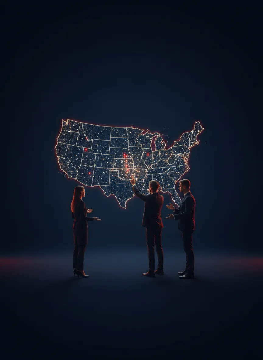 Professional real estate investors collaborating across a map of the United States