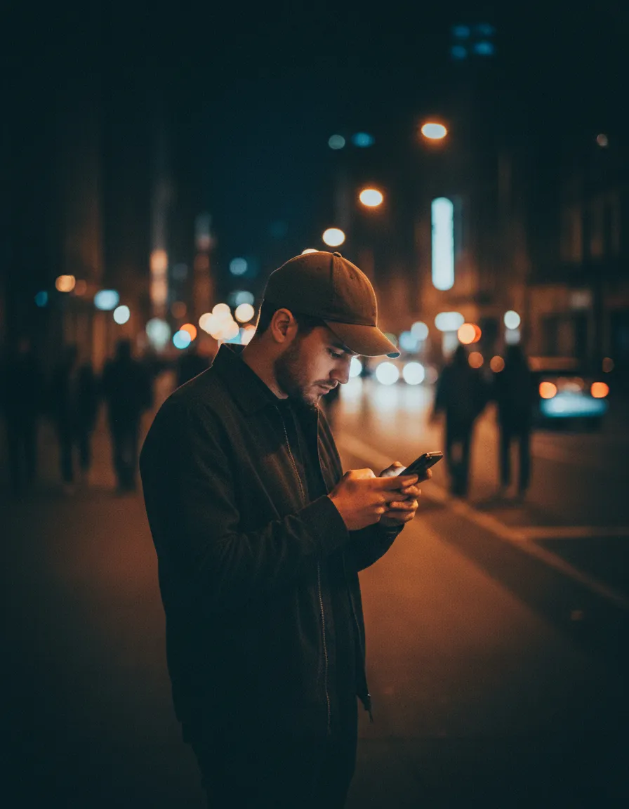 Persona distraída mirando el celular en una calle transitada, representada en alto contraste y grano táctico