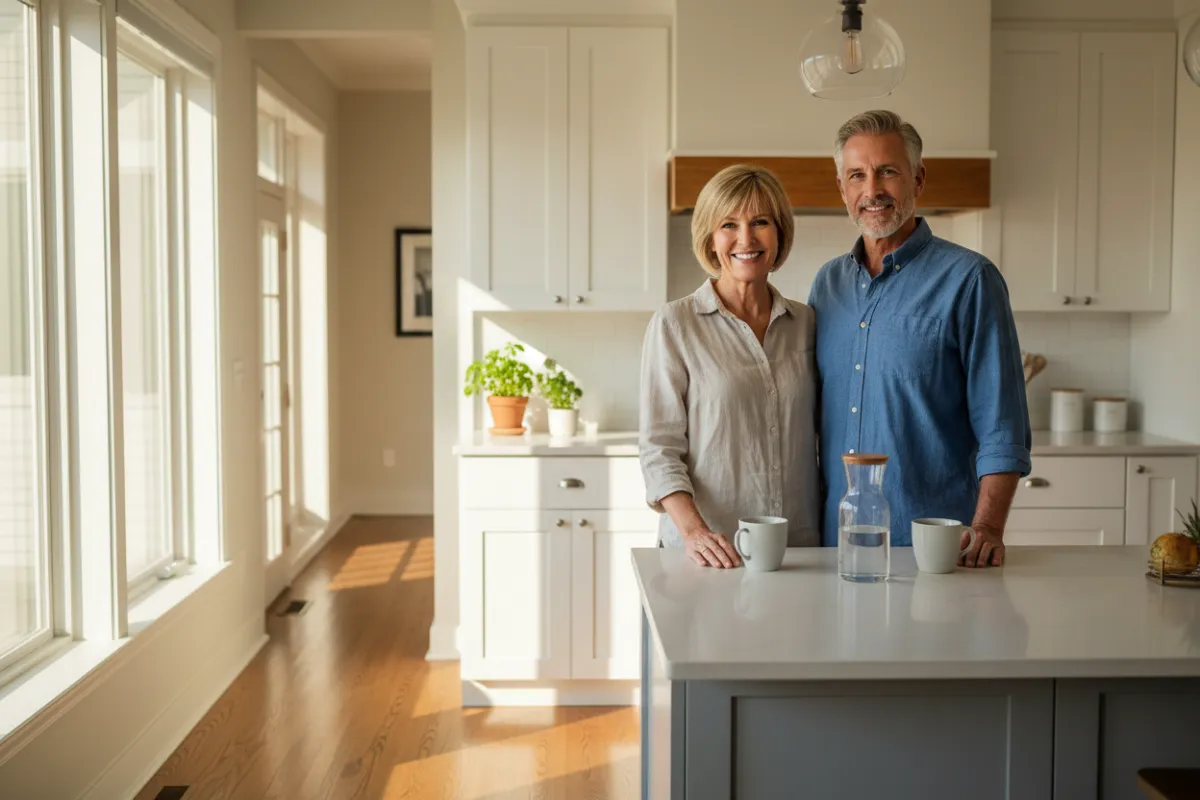 Smiling middle-aged couple in a bright kitchen, relaxed and confident after better sugar control.