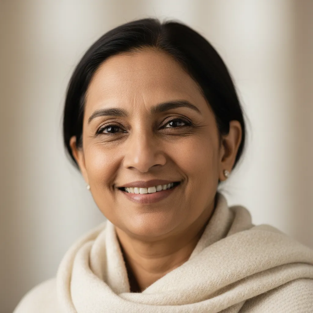 Portrait of a middle-aged South Asian woman with a warm, genuine smile.