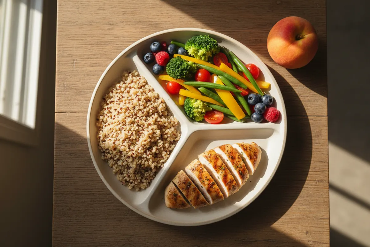 Balanced plate showing whole grains, lean protein, colorful vegetables and fruit in natural light.