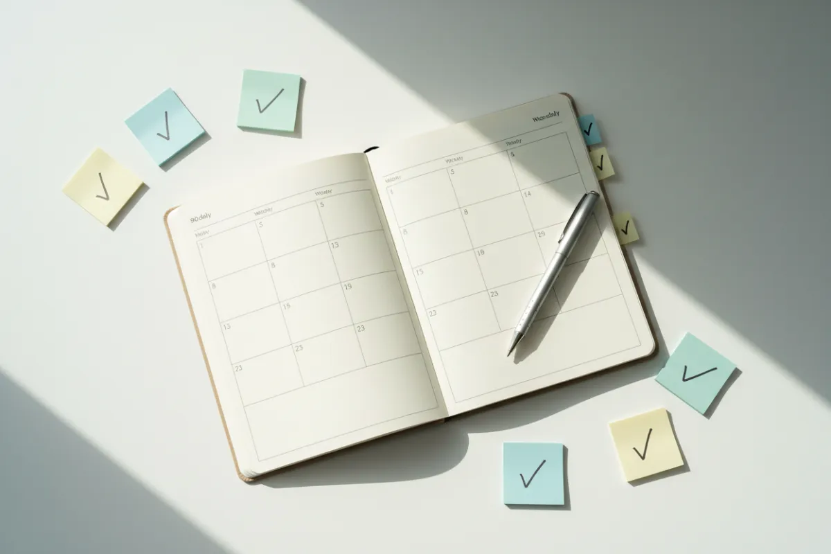 90-day paper planner with daily steps and checkmarks on a clean white desk