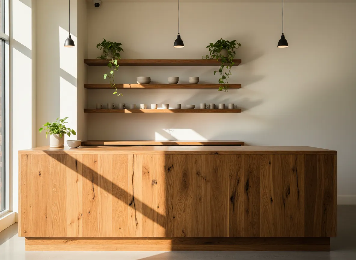 Handcrafted wooden counter and shelving in a small cafe