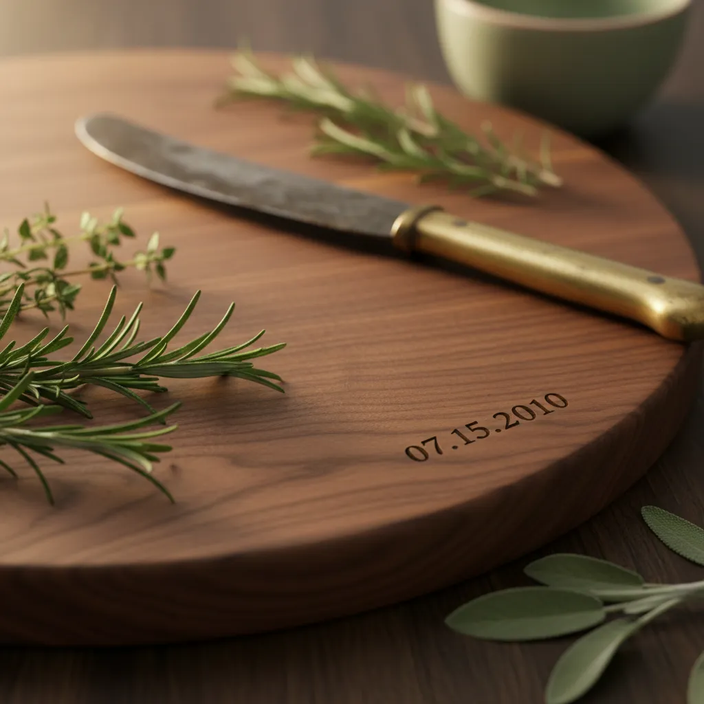 Close up of anniversary date engraving on walnut board