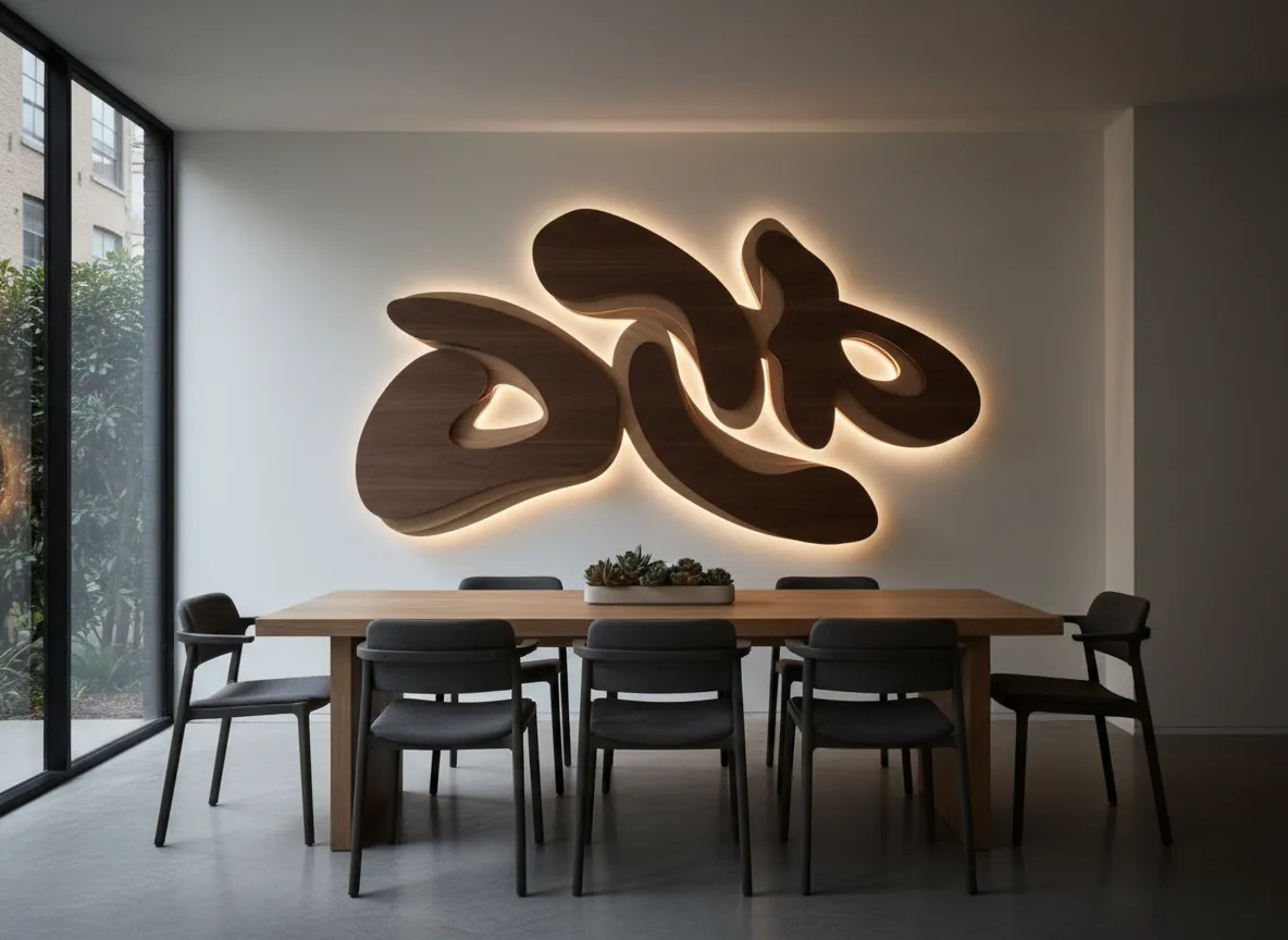Wood logo wall in a small creative studio