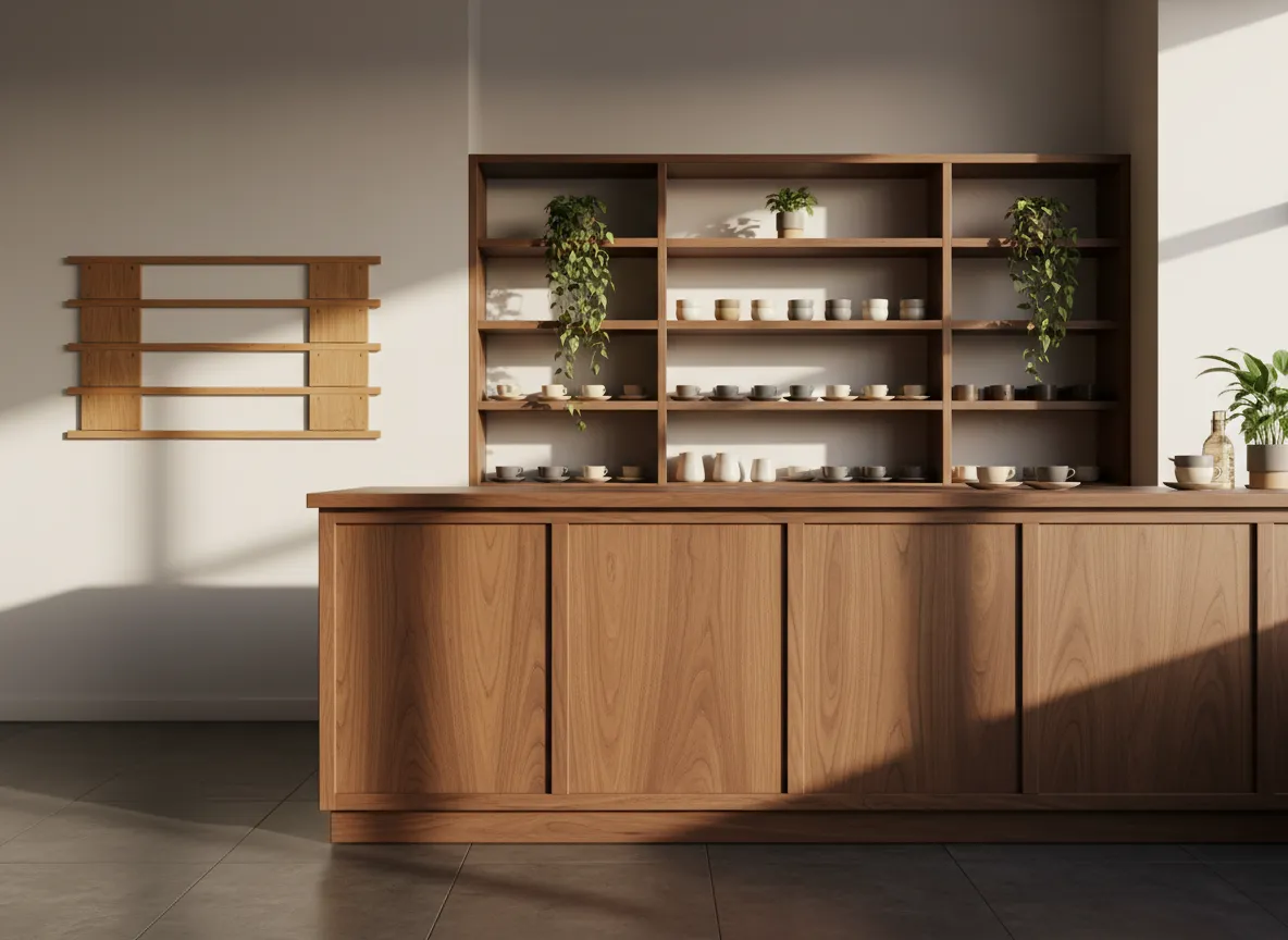 Custom wood counter and shelving in a small cafe