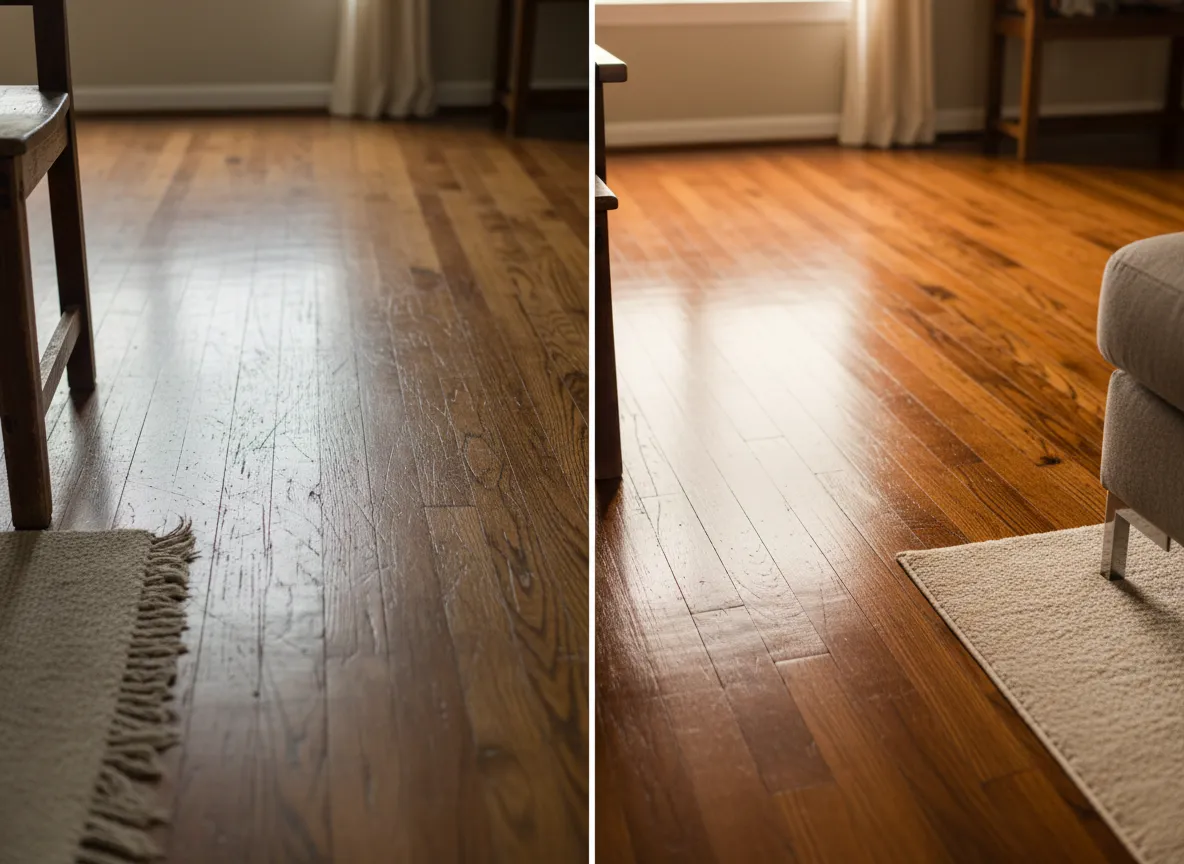 Before and after hardwood floor restoration