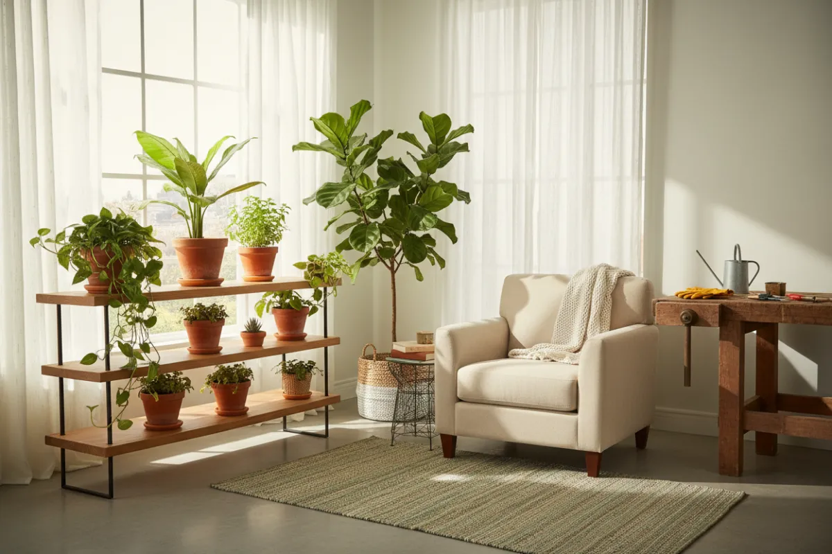 A vibrant, sunlit living room with a variety of lush potted plants and fresh herbs arranged on modern wooden shelves, a cozy reading nook, and gardening tools neatly placed on a table. The scene is bright, inviting, and filled with greenery, evoking a sense of tranquility and inspiration.