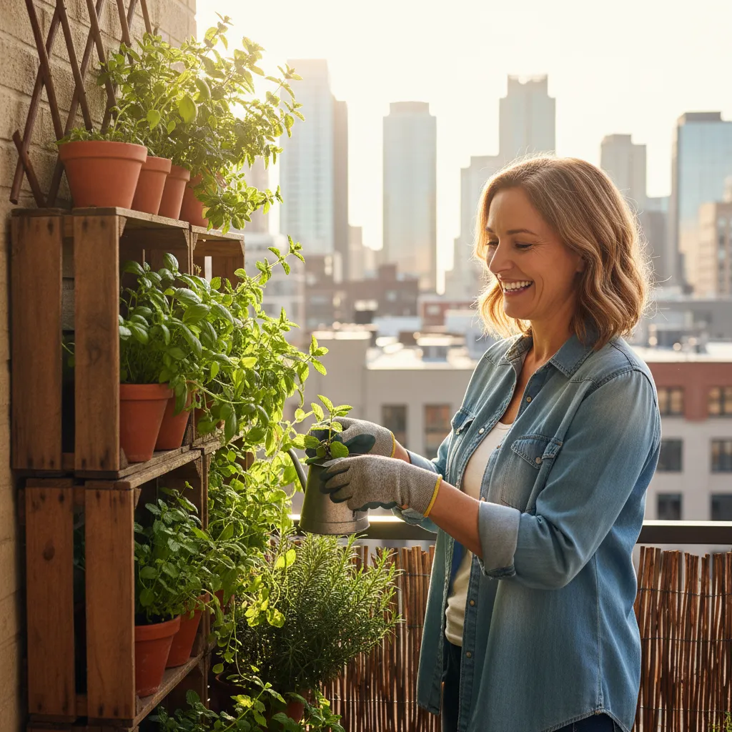 A cheerful middle-aged woman tending to a vertical herb garden on her apartment balcony, surrounded by thriving basil, mint, and rosemary plants. The city skyline is visible in the background, and sunlight filters through, highlighting the lush greenery and her content expression.