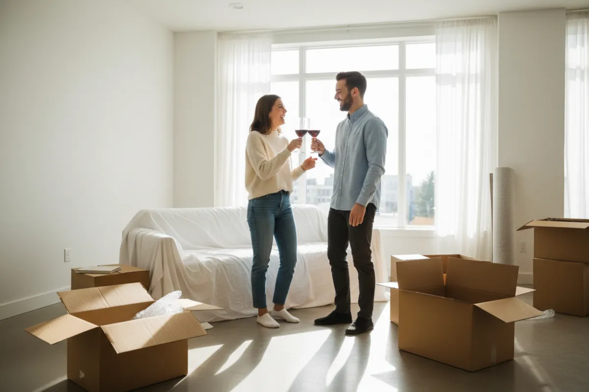Coppia giovane che brinda con calici di vino in una nuova casa, scatole di trasloco sullo sfondo, ambiente moderno e luminoso, atmosfera di gioia e soddisfazione, stile fotografico lifestyle, composizione spontanea, luce naturale