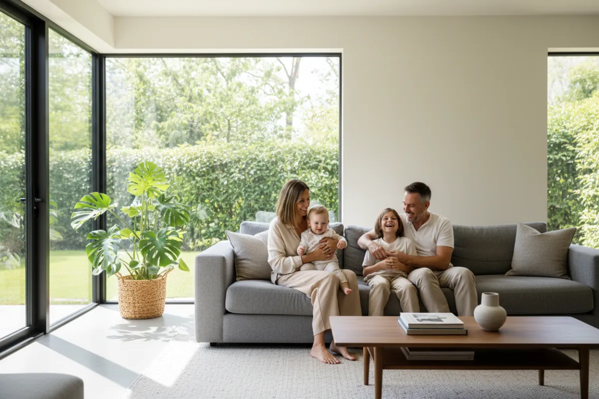 Famiglia felice in un soggiorno luminoso, madre, padre e due bambini sorridenti seduti su un divano moderno, ambiente arioso con grandi finestre, piante verdi e arredi eleganti, atmosfera accogliente e solare, stile fotografico contemporaneo, composizione naturale, luce diurna diffusa