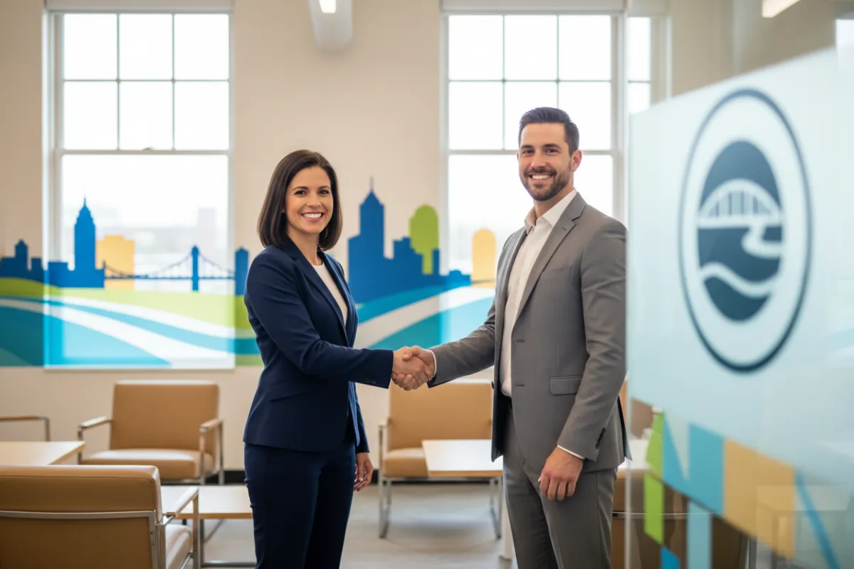 A Chattanooga business leader shaking hands with a consultant in a bright, welcoming office, both smiling and confident. The background features subtle branding elements and a sense of partnership and progress.