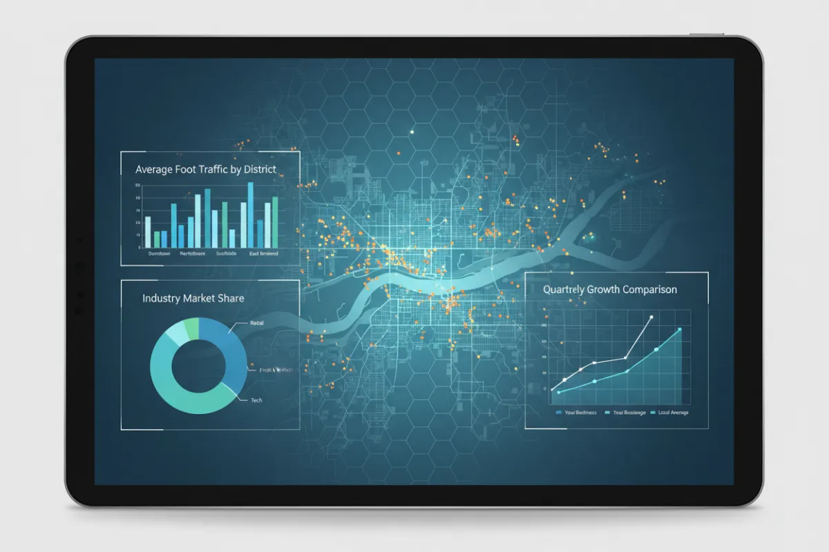 A digital map of Chattanooga highlighting local businesses, with data overlays and comparison charts. The image features a professional, analytical style, emphasizing clarity and actionable insights for business owners.