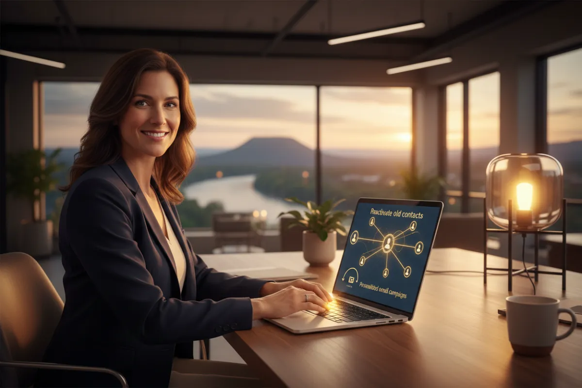 A business professional in Chattanooga sending personalized email campaigns from a laptop, with a visual of reactivating old contacts. The workspace is modern, with warm lighting and a sense of renewed connection.