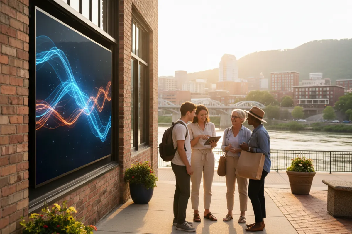 A Chattanooga storefront with digital signage, a business owner using a tablet to interact with customers, and a cityscape in the background. The scene is lively, blending traditional and digital business elements in a bright, inviting style.