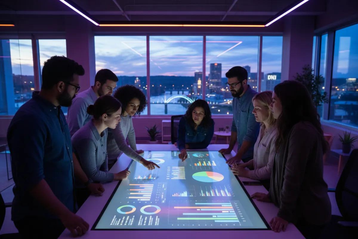 A diverse group of Chattanooga business owners gathered around a digital dashboard, reviewing analytics and competitor data in a modern office with city views, vibrant lighting, and collaborative energy. Everyone is engaged and focused on growth strategies.