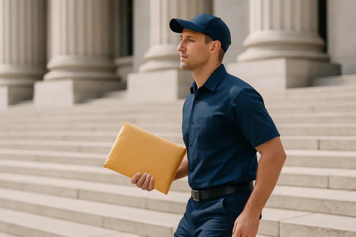 Process server dropping off documents at a courthouse entrance