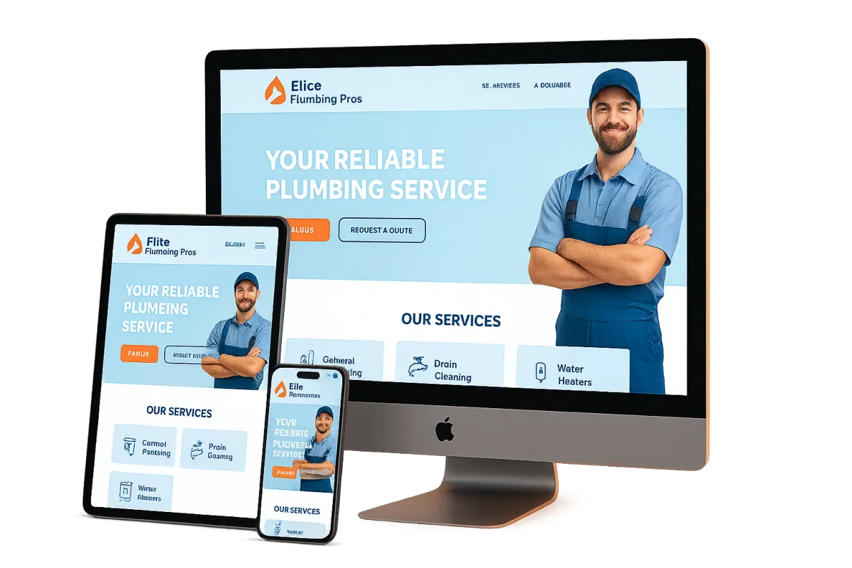 Device Trio Mockup - Elite Plumbing Pros website on iMac, iPad, and iPhone