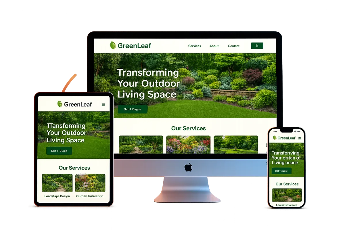 Device Trio Mockup - GreenLeaf Landscaping website on iMac, iPad, and iPhone
