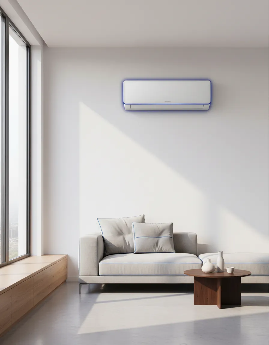 Modern inverter air conditioner installed in a stylish living room